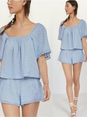 Anthropologie Light Blue Eyelet Cotton Two-Piece Sleep Set